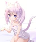  1girl absurdres animal_ear_fluff animal_ears arm_up between_legs blue_eyes breasts camisole cat_ears cat_girl cat_tail hand_between_legs highres long_hair mogura2009 original paw_pose pink_hair short_shorts shorts small_breasts solo tail thighs twintails white_camisole white_shorts 