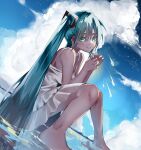 1girl alternate_costume aqua_eyes aqua_hair bangs blush breasts clouds dress hair_between_eyes hatsune_miku highres long_hair looking_at_viewer moonchii outdoors ripples sitting sleeveless small_breasts smile solo twintails very_long_hair vocaloid water 