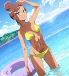  1girl abs artist_request beach bikini blush breasts brown_eyes brown_hair dark-skinned_female dark_skin dumbbell_nan_kilo_moteru? eyelashes hair_bun hair_ornament hair_up hairclip happy highres looking_at_viewer navel ocean segment_display small_breasts smile solo source_request standing swimsuit tan uehara_ayaka yellow_bikini 