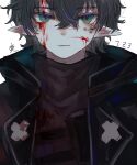  1boy absurdres arknights bishounen black_hair black_shirt blood blood_on_face coat eyebrows_visible_through_hair faust_(arknights) highres kanji male_focus pointy_ears shirt short_hair simple_background solo spots upper_body user_vgmn7242 white_background 