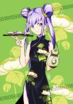  1girl black_dress china_dress chinese_clothes closed_mouth cowboy_shot dress earrings floral_print green_background hair_ornament hair_scrunchie holding holding_plate hugtto!_precure jewelry long_hair looking_at_viewer plate precure print_dress purple_hair ruru_amour scrunchie shiny shiny_hair sleeveless sleeveless_dress smile solo standing teapot tomo5656ky twintails very_long_hair violet_eyes yellow_scrunchie 