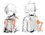  1boy 2897419513 ahoge arknights belt bishounen collared_shirt formal green_eyes male_focus mephisto_(arknights) open_mouth shirt short_hair simple_background sketch solo suit upper_body white_background 