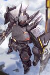  1boy absurdres blurry clenched_hand commentary_request frs full_body guardian_tales helmet highres legs_apart male_focus mecha oghma outdoors shadow snow solo standing 