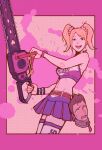  1boy 1girl belt blonde_hair blood blue_eyes breasts chainsaw cheerleader crop_top heartgrooooove highres holding holding_chainsaw holding_weapon juliet_starling lollipop_chainsaw midriff navel nick_carlyle pink_blood scrunchie severed_head skirt smile thigh-highs twintails weapon 