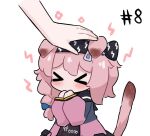  &gt;_&lt; 1girl 1other animal_ears arknights black_hairband blue_bow blush bow braid cat_ears cat_girl cat_tail chibi coat commentary cowboy_shot english_commentary goldenglow_(arknights) hair_bow hairband headpat kurotofu lightning_bolt_print lightning_bolt_symbol long_hair long_sleeves open_clothes open_coat pink_coat pink_hair scissors side_braid simple_background solo_focus tail tail_raised white_background 