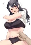  1boy 1girl absurdres bangs belly black_hair black_skirt blush breasts double_bun eyebrows_visible_through_hair highres large_breasts looking_at_viewer namazu_(yamasonson) navel open_mouth original pinching shirt short_sleeves simple_background skirt solo solo_focus thighs translation_request white_background white_shirt yellow_eyes 