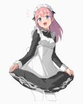  1girl :d bangs blue_eyes cropped_legs eyebrows_visible_through_hair fang highres long_hair long_sleeves looking_at_viewer maid maid_headdress open_mouth original pink_hair saiste simple_background skin_fang skirt_hold smile solo white_background 