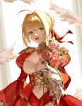  17685780wer 1girl ahoge blonde_hair blurry braid breasts cleavage commentary_request corset dress epaulettes fate/extra fate/grand_order fate_(series) flower french_braid green_eyes hair_flower hair_intakes hair_ornament hair_ribbon highres juliet_sleeves large_breasts long_sleeves looking_at_viewer nero_claudius_(fate) nero_claudius_(fate)_(all) ocean petals puffy_sleeves red_dress red_ribbon ribbon saber_extra see-through short_hair smile solo wide_sleeves 