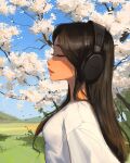  1girl black_hair breasts closed_eyes closed_mouth day grass headphones highres lips long_hair mountain outdoors profile sam_yang shadow small_breasts solo tree 