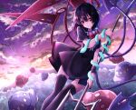  1girl absurdres asymmetrical_wings bangs black_dress black_hair black_legwear blue_wings bow bowtie center_frills closed_mouth clouds dress forest frills gradient_sky highres holding holding_polearm holding_weapon houjuu_nue looking_at_viewer mizudori_(msarasoju) nature outdoors polearm purple_sky red_bow red_bowtie red_eyes red_wings short_hair short_sleeves sky smile snake_armband solo thigh-highs touhou trident ufo weapon wings 