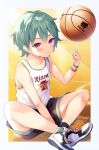  1boy ball bare_arms basketball basketball_jersey basketball_uniform commentary_request green_hair highres holding holding_ball looking_at_viewer male_focus orb original playing_sports shoes short_hair shorts simple_background smirk sneakers solo sportswear symbol-only_commentary tougetsu_hajime violet_eyes 