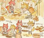  2boys animal_ears backpack bag bangs black_pants blonde_hair boots brown_coat brown_pants cat_boy cat_ears cat_tail chibi coat granblue_fantasy green_eyes holding holding_mushroom kaisousan male_focus multiple_boys mushroom nature open_clothes open_coat open_mouth pants percival_(granblue_fantasy) red_eyes redhead shirt short_hair shoulder_bag smile tail translation_request vane_(granblue_fantasy) white_shirt 