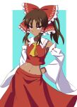  1girl alternate_skin_color aohadapeach aqua_background ascot bangs border bow brown_eyes brown_hair closed_mouth dark-skinned_female dark_skin detached_sleeves english_commentary eyebrows_visible_through_hair groin hair_bow hair_tubes hakurei_reimu hand_on_hip highres looking_at_viewer medium_hair midriff navel nontraditional_miko red_bow red_shirt red_skirt ribbon-trimmed_sleeves ribbon_trim shirt simple_background skirt solo standing touhou white_border wide_sleeves yellow_ascot 
