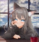  1girl animal_ear_fluff animal_ears bangs black_sweater blush cat_ears clouds cup eyebrows_visible_through_hair gotoh510 grey_hair head_rest highres indoors light_blue_eyes long_hair looking_at_viewer mug original sky smile solo sweater window 