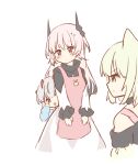  3girls absurdres animal_ears apron arknights bangs cat_ears cat_girl choker demon_horns dress eyebrows_visible_through_hair green_eyes green_hair highres horns kal&#039;tsit_(arknights) kindergarten_uniform long_hair multiple_girls pink_hair red_eyes ryoku_sui short_hair silver_hair simple_background theresa_(arknights) tongue tongue_out w_(arknights) white_background younger 