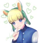  1boy absurdres animal_crossing animal_ears blonde_hair blue_eyes blush closed_mouth floral_print green_hair heart highres long_sleeves looking_at_viewer male_focus multicolored_hair otoko_no_ko rabbit_boy rabbit_ears sasha_(animal_crossing) smile solo two-tone_hair user_tmsy2847 