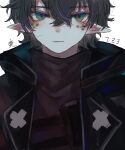  1boy absurdres arknights bishounen black_hair black_shirt coat eyebrows_visible_through_hair faust_(arknights) green_eyes highres kanji male_focus pointy_ears shirt short_hair simple_background solo spots upper_body user_vgmn7242 white_background 
