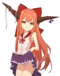  1girl absurdres bangs bare_shoulders bow closed_mouth clothes_lift cowboy_shot eyebrows_visible_through_hair flat_chest frown glaring hair_bow highres horns ibuki_suika lifted_by_self long_hair looking_at_viewer oeyama oni_horns orange_eyes orange_hair purple_skirt red_bow shirt simple_background skirt skirt_lift solo torn_clothes touhou very_long_hair white_background white_shirt 