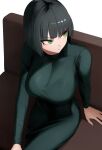  1girl bangs black_dress black_hair blunt_bangs breasts closed_mouth couch dress expressionless eyebrows_visible_through_hair from_above fubuki_(one-punch_man) green_eyes highres large_breasts long_sleeves looking_to_the_side on_couch one-punch_man senju_(snz0) shadow short_hair sitting solo tight 