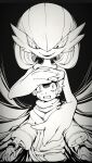  1boy 1girl alpha_pokemon bangs black_background bob_cut cabbie_hat commentary_request constricted_pupils gardevoir greyscale hair_between_eyes half-closed_eyes hand_on_another&#039;s_chest hand_on_another&#039;s_head happy hat highres horror_(theme) hug hug_from_behind imaat japanese_clothes kimono layered_sleeves long_sleeves looking_at_another looking_at_viewer looking_down monochrome open_mouth pokemon pokemon_(creature) pokemon_(game) pokemon_legends:_arceus rei_(pokemon) sash scared scarf short_hair simple_background smile standing straight-on sweat tears teeth upper_body wide-eyed wide_sleeves 