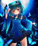  1girl bangs black_ribbon blue_butterfly bug butterfly dancing detached_sleeves double_bun dress green_hair hair_ornament highres hololive moon moonlight outdoors popokkop red_eyes ribbon short_dress solo uruha_rushia virtual_youtuber 