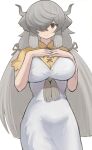  1girl absurdres animal_ears bangs bare_arms breasts brown_eyes dress grey_hair hair_over_one_eye hands_on_own_chest highres horns interlocked_fingers kemono_friends large_breasts long_hair looking_at_viewer low_twintails one_eye_covered short_sleeves simple_background solo twintails very_long_hair white_background white_dress yak_(kemono_friends) zuchi00 