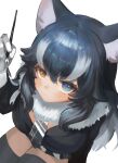  1girl animal_ears bangs black_hair black_jacket blue_eyes breasts closed_mouth dokomon expressionless fangs from_above fur_collar gloves grey_hair grey_wolf_(kemono_friends) hair_between_eyes hand_up heterochromia highres holding jacket kemono_friends large_breasts long_sleeves looking_at_viewer looking_up microskirt multicolored_hair necktie plaid_necktie simple_background sitting skin_fangs skirt solo thigh-highs thighs two-tone_hair white_background white_gloves wolf_ears yellow_eyes zettai_ryouiki 
