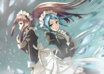  2girls apron black_dress blue_hair blush closed_eyes closed_mouth collar dress feather_trim felicia_(fire_emblem) fire_emblem fire_emblem_fates flora_(fire_emblem) forehead frilled_collar frills grey_eyes haku_(pixiv4827223) juliet_sleeves long_hair long_sleeves looking_at_another maid maid_headdress multiple_girls open_mouth pink_hair ponytail puffy_sleeves siblings sidelocks sisters smile straight_hair twins twintails twitter_username upper_body waist_apron white_apron 