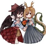  2girls animal_ears antlers bangs black_hair black_wings blonde_hair blue_ribbon blue_shirt blue_skirt blush brown_skirt claw_pose commentary_request cowboy_hat cowboy_western cropped_legs dragon_girl dragon_horns dragon_tail expressionless eyebrows_visible_through_hair feathered_wings hair_between_eyes hat highres holding_hands horns horse_ears horse_girl horse_tail kicchou_yachie kurokoma_saki long_skirt long_sleeves looking_to_the_side multiple_girls neck_ribbon open_mouth pleated_skirt ponytail puffy_long_sleeves puffy_sleeves red_eyes ribbon shirt short_hair sidelocks simple_background skirt smile standing tail touhou turtle_shell white_background wings yuejinlin 