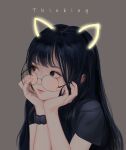  1girl absurdres animal_ears bbul_horn bespectacled black_eyes black_hair blush cat_ears closed_mouth glasses hand_on_own_cheek hand_on_own_chin hand_on_own_face head_rest highres long_hair looking_away original round_eyewear scrunchie solo 