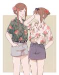  2girls 5ya_ngi ^_^ arm_behind_back axis_powers_hetalia belt blue_shorts brown_hair casual character_request closed_eyes collared_shirt dress_shirt earrings floral_print green_shirt hair_bun hair_up hand_in_pocket hand_up happy hawaiian_shirt highres hungary_(hetalia) jewelry multiple_girls print_shirt profile purple_skirt shirt short_sleeves shorts sidelocks skirt standing sunglasses 