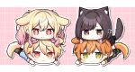  2boys 2girls anger_vein animal_ears black_jacket black_skirt blonde_hair blue_jacket bow braid brother_and_sister brown_eyes brown_hair cat_ears cat_tail chibi commentary dog_ears dog_tail floppy_ears green_eyes hair_bow jacket long_hair long_sleeves multiple_boys multiple_girls on_person orange_eyes orange_hair pink_hair pink_shirt pout project_sekai rabbit_ears scratches shinonome_akito shinonome_ena shirt siblings skirt sparkling_eyes tail tenma_saki tenma_tsukasa twintails waka_(wk4444) white_bow 