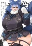  1girl alternate_breast_size animal_ears arm_at_side bangs belt black_hair black_legwear blue_hair blush breast_pocket breasts buttons controller cowboy_shot curvy dire_wolf_(kemono_friends) dualshock eyebrows_visible_through_hair fangs fur_collar game_controller gamepad garter_straps gigantic_breasts ginzake_(mizuumi) gloves hair_between_eyes hair_ribbon hand_up headset holding holding_controller holding_game_controller jacket japari_symbol kemono_friends kemono_friends_v_project leg_garter long_hair long_sleeves looking_at_viewer microskirt multicolored_hair neck_ribbon official_alternate_costume open_mouth plaid plaid_skirt playstation_controller pocket ribbon skindentation skirt smile solo tail thigh-highs twintails very_long_hair virtual_youtuber white_gloves white_hair wolf_ears wolf_girl wolf_tail yellow_eyes 