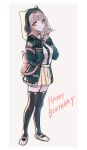  1girl animal_bag backpack bag bangs black_jacket black_legwear black_shirt breasts brown_skirt cat_bag collared_shirt danganronpa_(series) danganronpa_2:_goodbye_despair dress_shirt etanoku flipped_hair full_body grey_background hair_ornament happy_birthday highres hood hooded_jacket jacket large_breasts light_brown_hair medium_hair miniskirt nanami_chiaki pink_eyes pink_footwear pleated_skirt shirt shirt_tucked_in skirt smile standing thigh-highs white_shirt zettai_ryouiki 