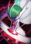  absurdres black_background cape commentary_request energy floating_cape gallade glowing highres looking_at_viewer mega_gallade mega_pokemon pink_eyes pokemon pokemon_(creature) silverchariotx solo white_cape 