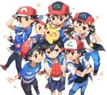  6+boys :d ;d ash_ketchum bangs baseball_cap belt belt_buckle black_gloves black_hair blue_footwear blue_jacket blush boots brown_eyes buckle commentary_request crossed_arms double_v fang fingerless_gloves gloves hair_between_eyes hands_up hat hat_removed headwear_removed highres holding holding_clothes holding_hat jacket kurage2535 looking_at_viewer male_focus multiple_boys multiple_persona on_head one_eye_closed open_mouth pants parted_lips pikachu pokemon pokemon_(anime) pokemon_(classic_anime) pokemon_(creature) pokemon_bw_(anime) pokemon_dppt_(anime) pokemon_on_head pokemon_rse_(anime) pokemon_sm_(anime) pokemon_swsh_(anime) pokemon_xy_(anime) red_headwear shirt shoes short_hair short_sleeves shorts sleeveless sleeveless_jacket smile spiky_hair star_(symbol) striped striped_shirt t-shirt v white_background white_shirt zipper_pull_tab 