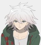  1boy bangs collarbone danganronpa_(series) danganronpa_2:_goodbye_despair etklgsscizgnglq eyebrows_visible_through_hair green_jacket grey_background grey_shirt hair_between_eyes highres hood hood_down hooded_jacket jacket komaeda_nagito male_focus medium_hair messy_hair open_clothes open_jacket parted_lips shirt simple_background teeth 