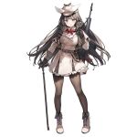  1girl ascot banned_artist battle_rifle beige_coat belt belt_buckle black_gloves blue_eyes bow bowtie brooch brown_hair brown_legwear buckle cabbie_hat cane coat drill_hair drill_locks full_body girls_frontline gloves gun hat hat_bow highres holding holding_magnifying_glass howa_type_64 howa_type_64_(a_job_that_doesn&#039;t_suit_her)_(girls&#039;_frontline) howa_type_64_(girls&#039;_frontline) jewelry lace_trim long_hair m18_grenade magnifying_glass official_alternate_costume official_art pantyhose parsley-f parted_lips rifle rifle_on_back side-seamed_gloves sidelocks smoke_grenade solo strap transparent_background trench_coat tsurime very_long_hair weapon white_bow white_footwear 