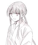  1boy bangs closed_mouth eyebrows_behind_hair fate/grand_order fate_(series) hair_between_eyes highres japanese_clothes kimono koha-ace long_hair looking_away low_ponytail male_focus monochrome oda_nobukatsu_(fate) ponytail red_eyes sidelocks simple_background smile solo spot_color tachitsu_teto upper_body very_long_hair white_background 