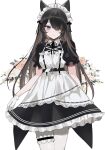 1girl :&gt; ahoge animal_ears apron arm_at_side bangs black_hair black_ribbon chiemo_(xcem) closed_mouth cowboy_shot curtsey dress eyebrows_behind_hair flower frilled_dress frills gloves hair_over_one_eye highres legs_together light_blush long_hair looking_at_viewer maid maid_apron maid_headdress neck_ribbon one_eye_covered original pantyhose ribbon simple_background smile solo standing swept_bangs thigh_strap thighs violet_eyes white_background white_gloves white_legwear 