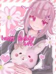  1girl bangs black_jacket blunt_bangs collared_shirt danganronpa_(series) danganronpa_2:_goodbye_despair dated ear_bow eyebrows_visible_through_hair flipped_hair flower galaga hair_ornament happy_birthday holding jacket medium_hair monomi_(danganronpa) nanami_chiaki open_clothes open_jacket pink_eyes shirt smile sukima_(sukima_0621) 