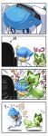  4koma alternate_hairstyle anger_vein blue_eyes cat closed_mouth comb combing duck fume karamimame mirror no_humans one_eye_closed pokemon pokemon_(creature) quaxly red_eyes running shadow simple_background sparkle speed_lines sprigatito white_background 