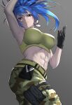  1girl abs armlet bare_shoulders belt black_gloves blue_eyes blue_hair breasts camouflage camouflage_pants dog_tags earrings gloves highres jewelry leona_heidern looking_down navel pants ponytail pouch sato_one1 simple_background solo tank_top the_king_of_fighters the_king_of_fighters_xiv the_king_of_fighters_xv 