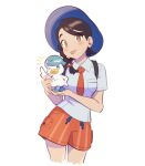  1girl bangs blue_headwear braid brown_eyes brown_hair closed_mouth collared_shirt female_protagonist_(pokemon_sv) hat head_tilt highres holding holding_pokemon lilyglazed long_hair looking_at_viewer necktie orange_necktie orange_shorts pokemon pokemon_(creature) pokemon_(game) pokemon_sv quaxly red_pupils shirt short_sleeves shorts simple_background single_braid smile tongue tongue_out white_background white_shirt 