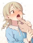  1boy 1girl blue_dress blush brown_eyes brown_hair collared_dress commentary_request dress flying_sweatdrops idolmaster idolmaster_cinderella_girls long_hair long_sleeves morikubo_nono neck_ribbon nose_blush one_eye_closed open_mouth out_of_frame ribbon ringlets sweat tongue tongue_grab tongue_out uccow upper_body white_background white_ribbon 
