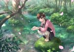  1girl barefoot blush brown_hair bush cherry_blossoms cupping_hands flower forest grass hair_flower hair_ornament highres ikeda_jun_(mizutamari) medium_hair nature original petals ponytail ribbon river skirt smile solo squatting sweater tree violet_eyes water 