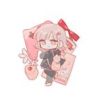  1girl backpack bag bangs black_jacket black_legwear brown_hair chibi controller danganronpa_(series) danganronpa_2:_goodbye_despair foot_up from_side full_body galaga hair_ornament hood hood_down jacket long_sleeves mnm47579553 nanami_chiaki pink_bag pink_eyes red_ribbon ribbon shoes smile solo usami_(danganronpa) 