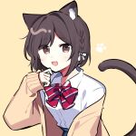  1girl :3 :d animal_ears bangs blue_skirt bow bowtie braid brown_eyes brown_hair cat_day cat_ears cat_tail commentary diagonal-striped_bow diagonal-striped_bowtie fang hair_bow jacket kemonomimi_mode long_sleeves looking_at_viewer off_shoulder open_mouth paw_pose paw_print plaid plaid_skirt pleated_skirt project_sekai red_bow red_bowtie shinonome_ena shirt short_hair sidelocks skirt smile solo tail upper_body waka_(wk4444) white_bow white_shirt yellow_jacket 