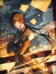  1boy bangs black_gloves black_hair black_pants blurry blurry_background blush brown_hair building closed_mouth coat coattails collared_shirt commentary_request crossed_arms earrings gem genshin_impact gloves highres jewelry lantern lantern_festival lips long_hair looking_at_viewer male_focus necktie night orange_eyes orange_hair outdoors pants paper_lantern ponytail railing shirt single_earring sky_lantern solo tassel tassel_earrings tomanattsu upper_body vest vision_(genshin_impact) white_necktie wing_collar zhongli_(genshin_impact) 