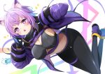  1girl ahoge animal_ear_fluff animal_ears bangs black_gloves black_pants black_sports_bra blue_hair blush breasts cat_ears crossed_bangs gloves hololive jacket large_breasts long_sleeves medium_hair midriff multicolored_hair nekomata_okayu open_clothes open_jacket open_mouth pants purple_belt purple_footwear purple_hair purple_jacket shoes solo sora_no_tori sports_bra streaked_hair thigh_strap violet_eyes virtual_youtuber 